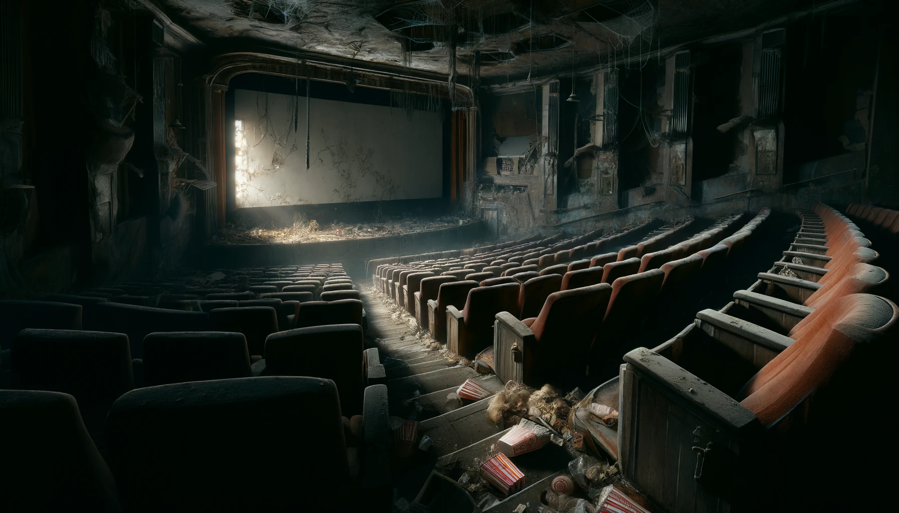 Acıklı Bir Soru: “En Son Ne Zaman Sinemaya Gittin?” 1 – DALL·E 2024 06 09 11.46.11 A detailed eerie scene of an abandoned movie theater. The theater has rows of old dusty seats with some of them torn. The large movie screen is crac