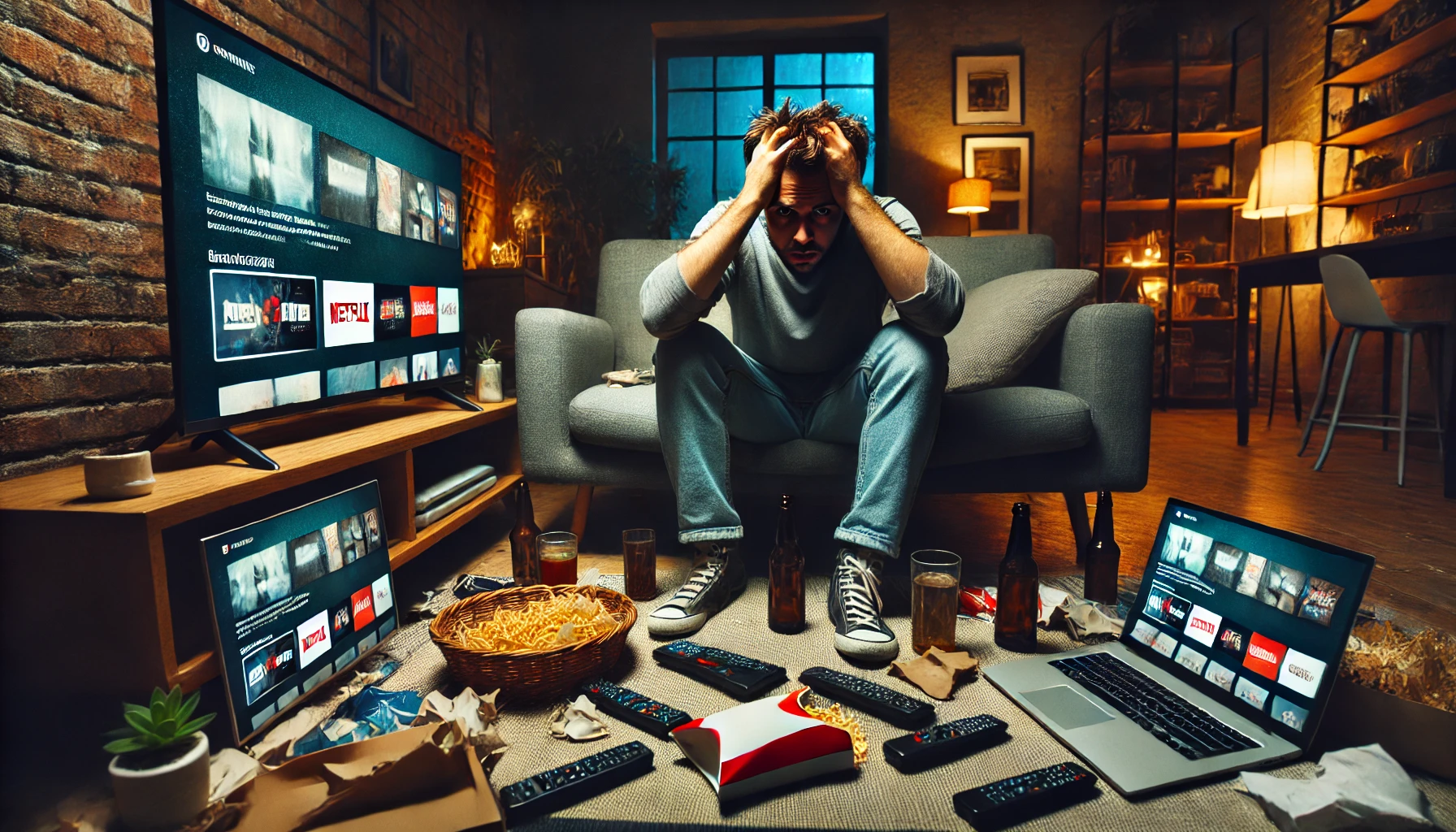 Her Platforma Üye Olmak Zorunda Mıyız? 1 – DALL·E 2024 06 23 15.08.59 A distraught man sitting on a couch in a dimly lit living room surrounded by various digital devices like a TV laptop and smartphone all showing s